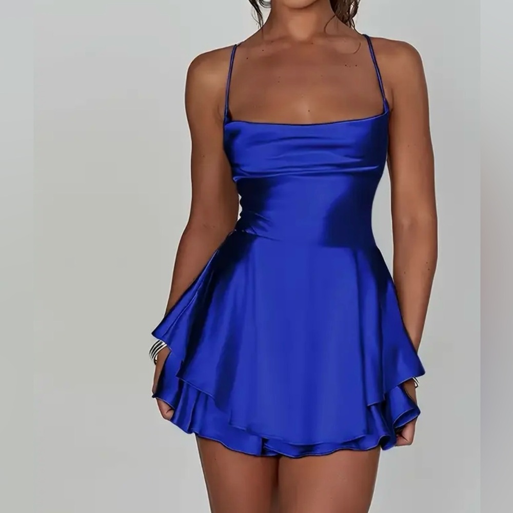 Royal Blue Satin Cowl Neck Backless Mini Dress - NWOT - Picture 2 of 5